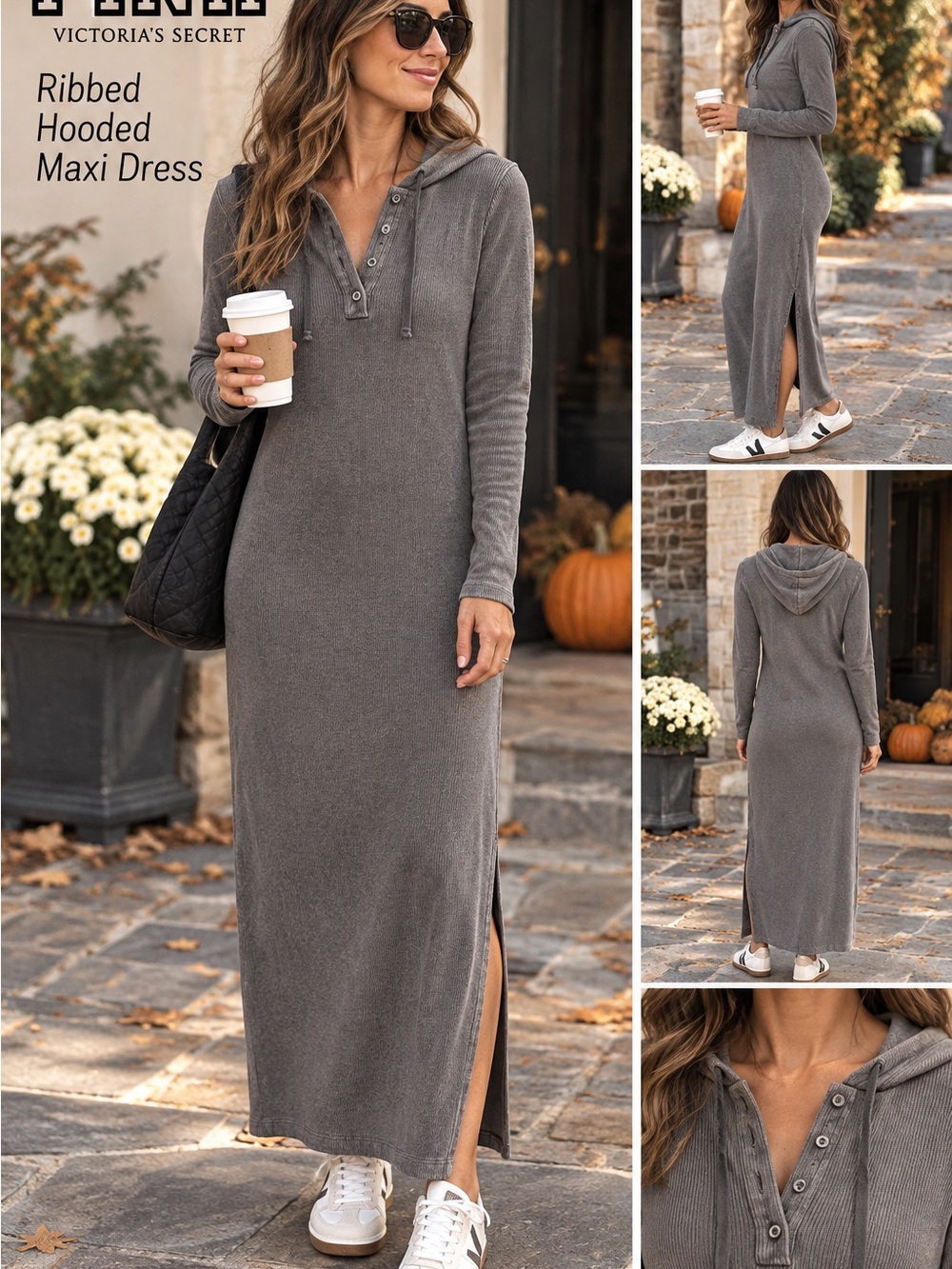 Victoria's Secret Ribbed Hooded Maxi Dress - Gray